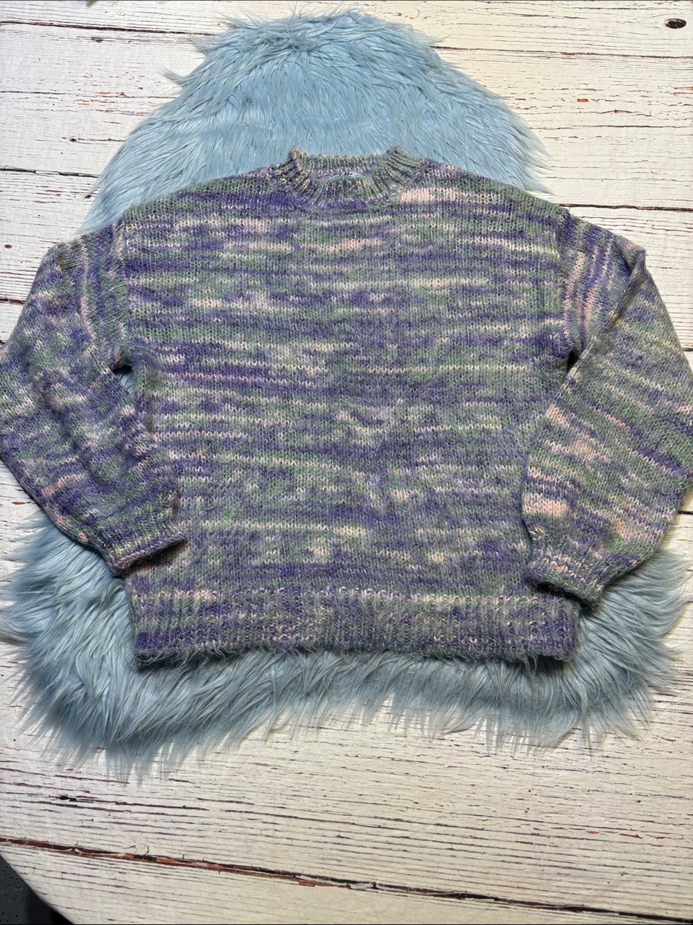 Vylette Multicolor Patterned Knit Mock Neck Sweater - Lavender, Green & Cream